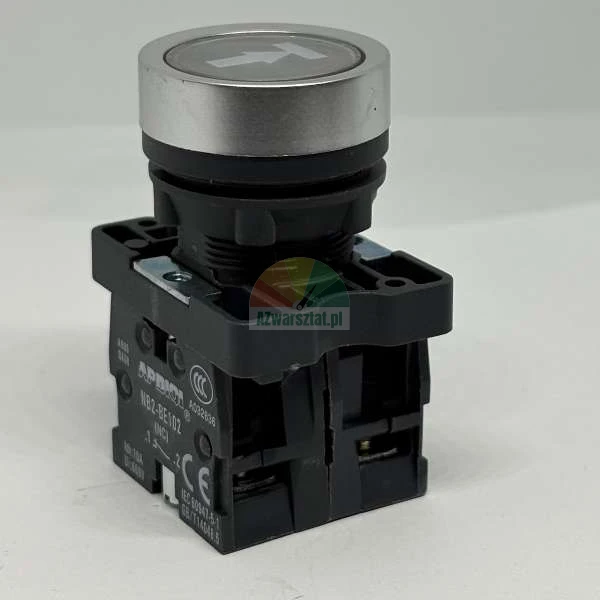 Industrial push button switch with white arrow and silver ring, mounted on a black contact block.