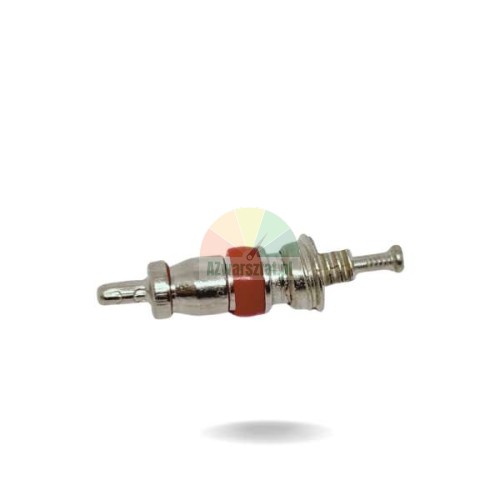 Schrader valve core with a red seal on a white background