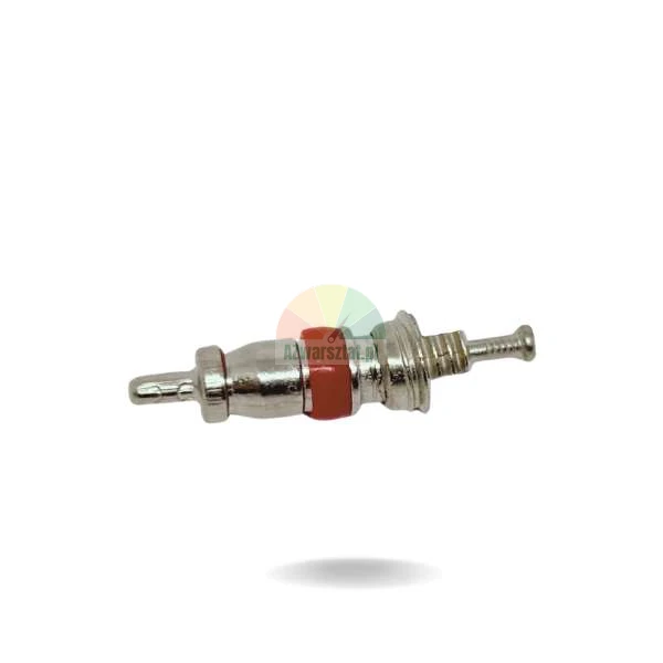 Schrader valve core with a red seal on a white background