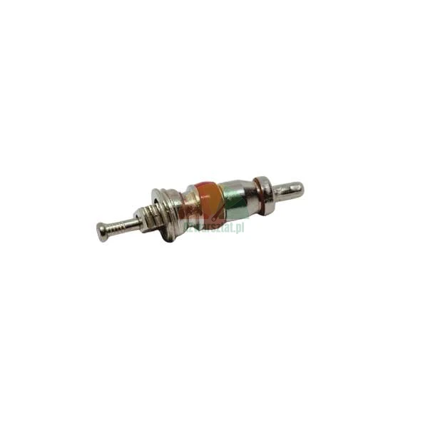 Metal tire valve core with a red rubber seal on a white background.
