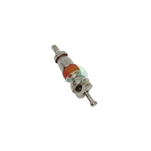 Metal tire valve core with a red seal on a white background.