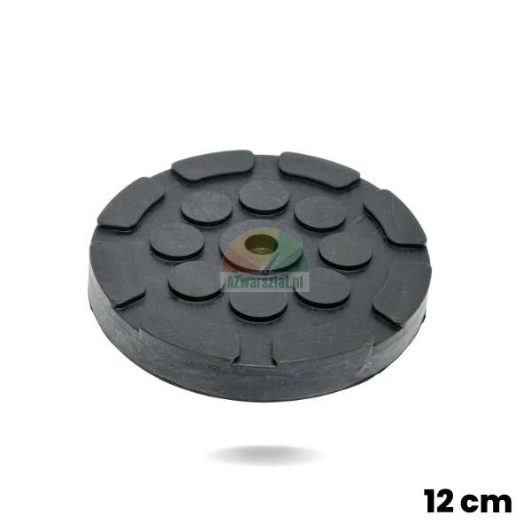 Round black car lift rubber pad 12cm diameter with a single center hole and non-slip surface.