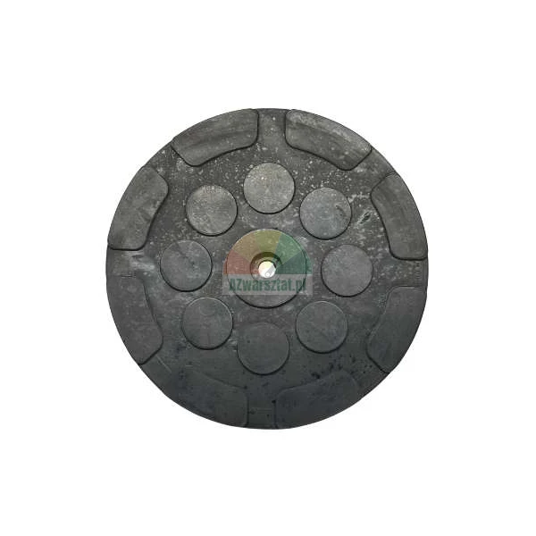 Black circular rubber spacer pad with a central hole and textured pattern on a white background.