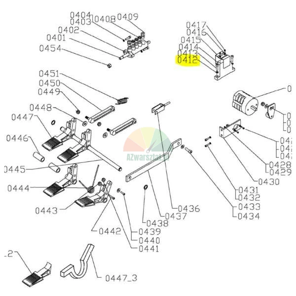 Technical exploded view diagram of machinery with components 0412 and 0413 highlighted in yellow.