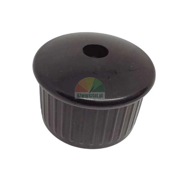 Black plastic furniture leg end cap with a center hole and ribbed base