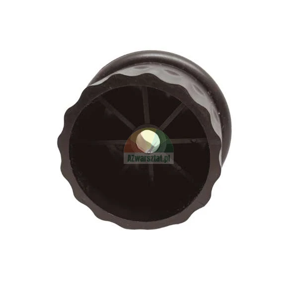 Black plastic cap or knob with a scalloped edge and ribbed interior with a center hole.