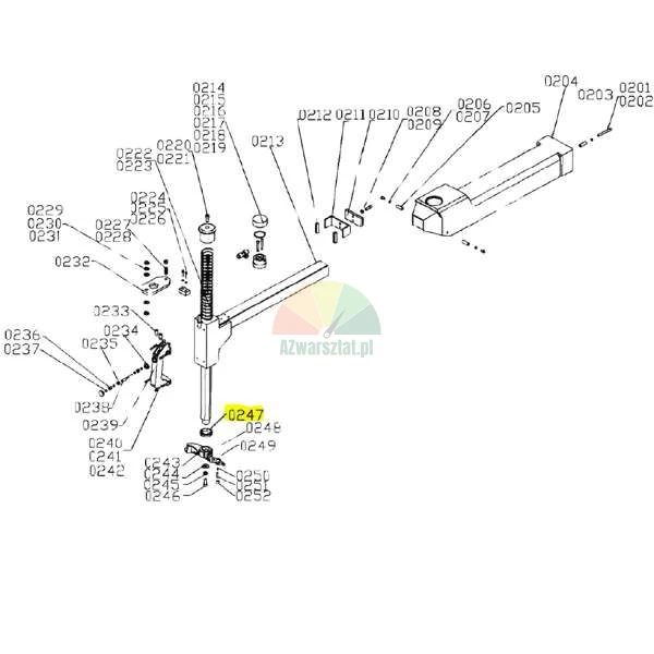 Technical exploded view diagram of a tire changer assembly with part number 0247 highlighted in yellow.