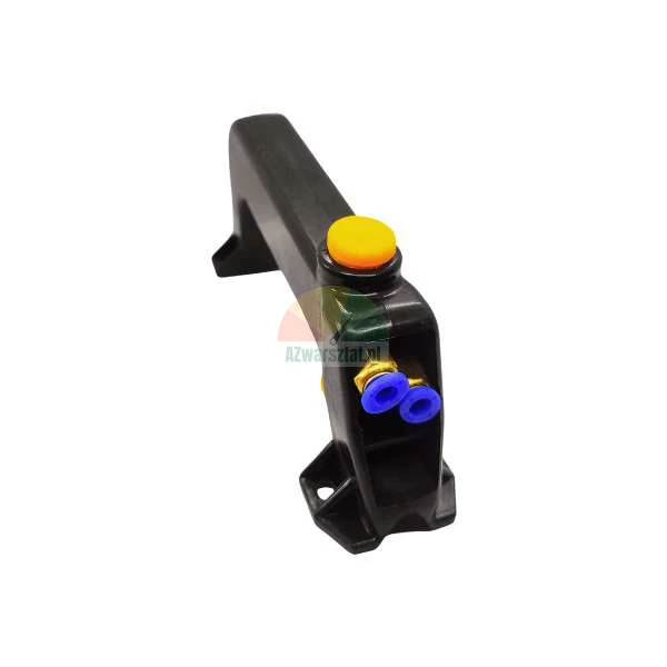 Black control handle with a yellow button and blue pneumatic fittings on a white background.