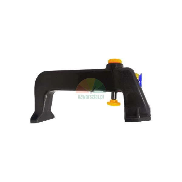 Black plastic mounting part with yellow knobs and blue detail.