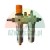 Compressed air preparation unit with filter, regulator, and lubricator, featuring an orange adjustment knob.
