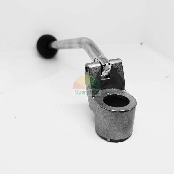 Metal hand lever with a black knob mounted in a metal base on a white background.