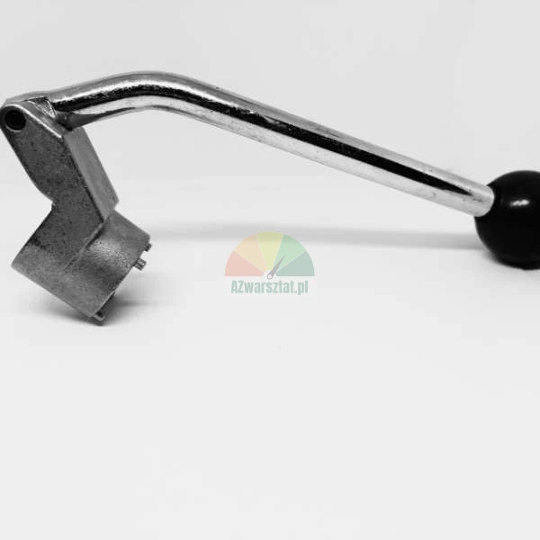 Metal lever tool with a black knob on a white background.