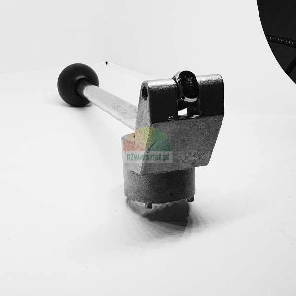 Metal mechanical device with a lever ending in a black handle on a white background.