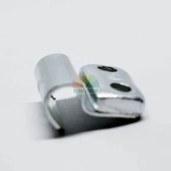 Metal mounting bracket with two holes and a curved hook on a white background.