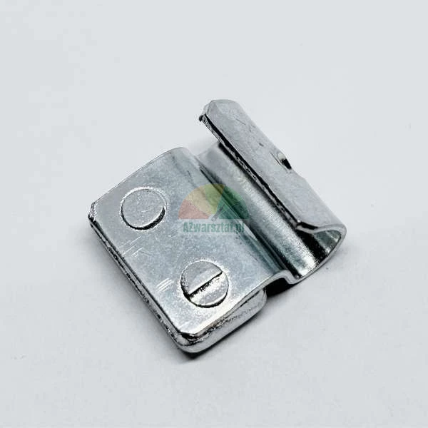 Metal clamping bracket with two rivets on a white background.