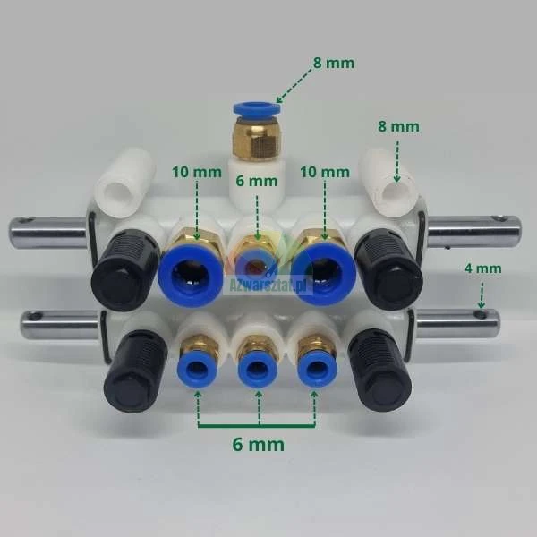White pneumatic manifold block with blue push-to-connect fittings and indicated dimensions of 4mm, 6mm, 8mm, and 10mm.