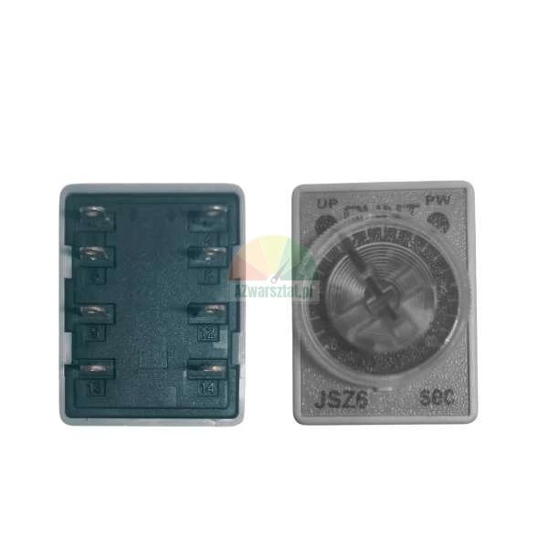 Time relay JSZ6 - front view with adjustment dial and rear view showing terminal pins