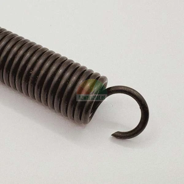 Close-up of a black metal tension spring with a hook end on a light surface