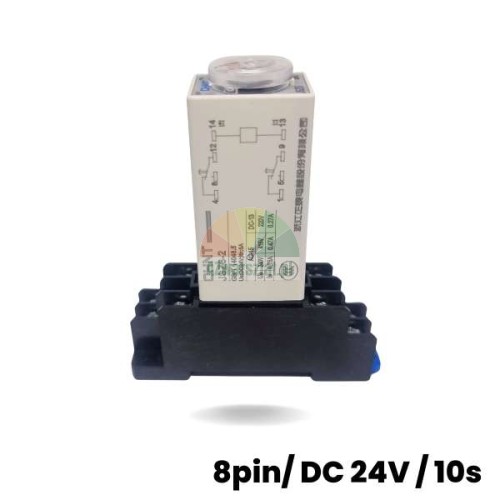 CHNT JSZ6-2 time delay relay 8-pin 24V DC 10s mounted on a DIN rail socket base
