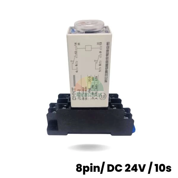 CHNT JSZ6-2 time delay relay 8-pin 24V DC 10s mounted on a DIN rail socket base