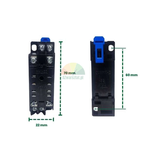 Two views of a black relay socket with dimensions: height 70 mm, width 22 mm, and mounting hole spacing 60 mm.