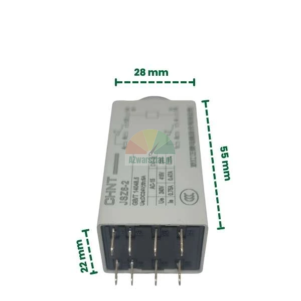 CHNT JSZ6-2 time relay with dimensions: 28 mm width, 55 mm height, and 22 mm depth, showing metal pins.