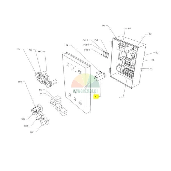 Exploded view drawing of an electrical control cabinet showing internal components and labels, with the KT part highlighted in yellow.