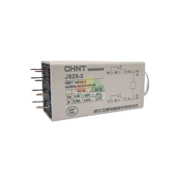 CHNT JSZ6-2 time relay with diagram and pins on a white background.