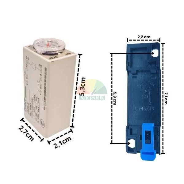 Time relay with dimensions 5.3x2.1x2.7 cm and a blue mounting base 7.1x2.2 cm with 5.9 cm hole spacing.