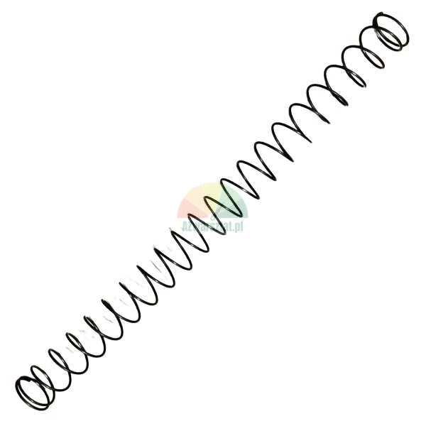 Long black compression coil spring placed diagonally on a white background.