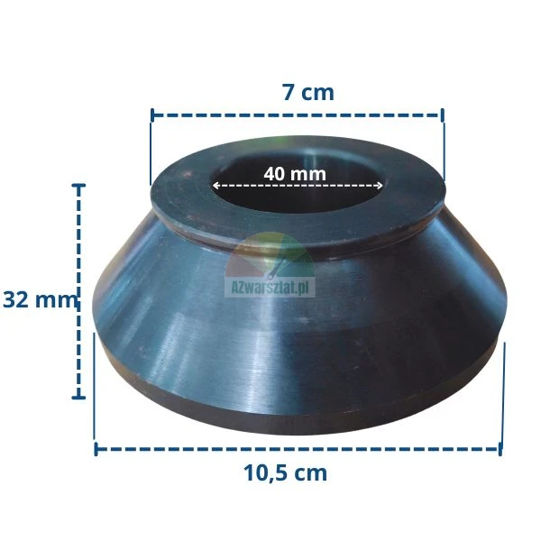 Black metal centering cone with dimensions: inner diameter 40 mm, top diameter 7 cm, base diameter 10.5 cm, and height 32 mm.