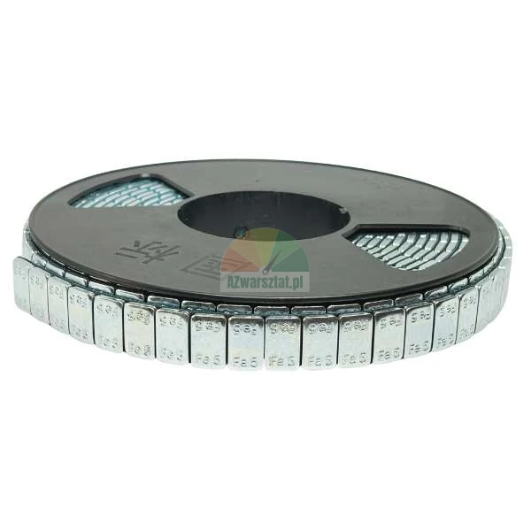 Roll of adhesive wheel balancing weights with 5g steel segments on a black plastic spool.