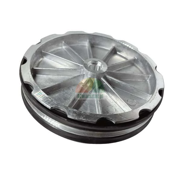 Metal piston with radial ribs and black rubber seal