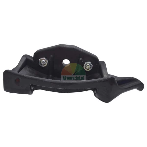 Black plastic mounting element with two bolts and a central hole on a white background.