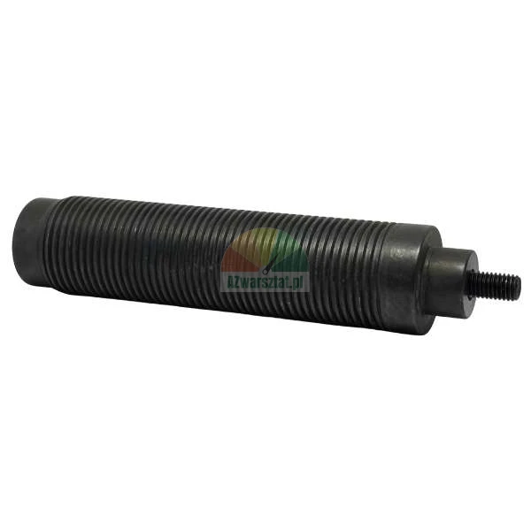 Heavy-duty threaded metal spindle with a small threaded tip on a white background.