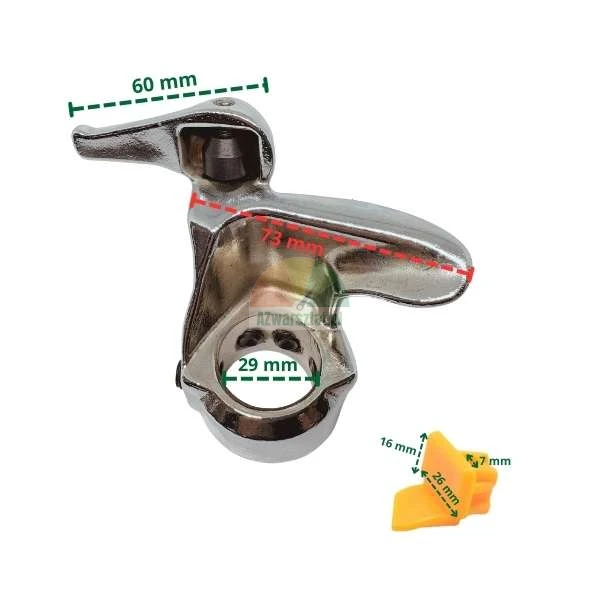 Metal mounting head for tire changer with dimensions 60 mm, 73 mm, and 29 mm, along with a yellow plastic insert measuring 16 mm, 26 mm, and 7 mm.