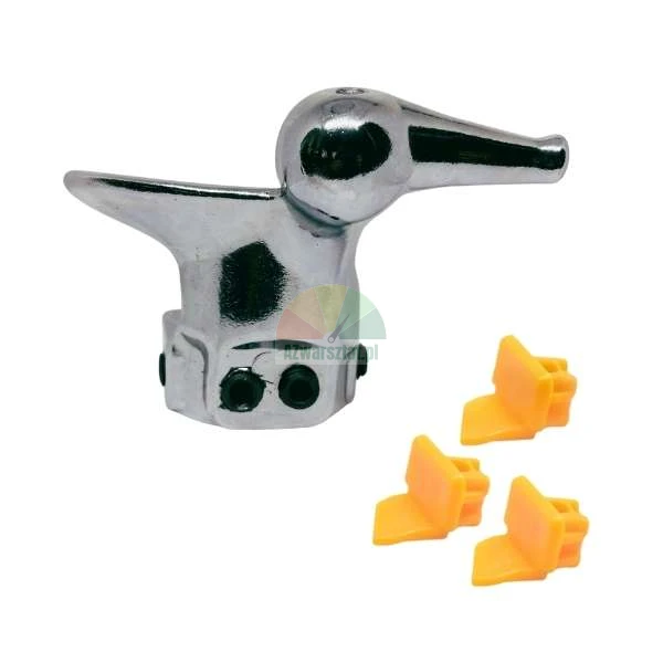 Metal tire changer mounting head with three orange plastic protection inserts.
