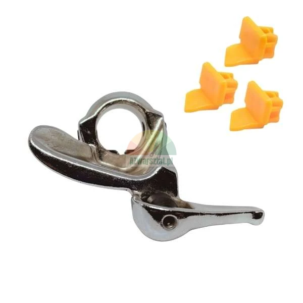 Metal tire changer mounting head with three orange plastic protection inserts.