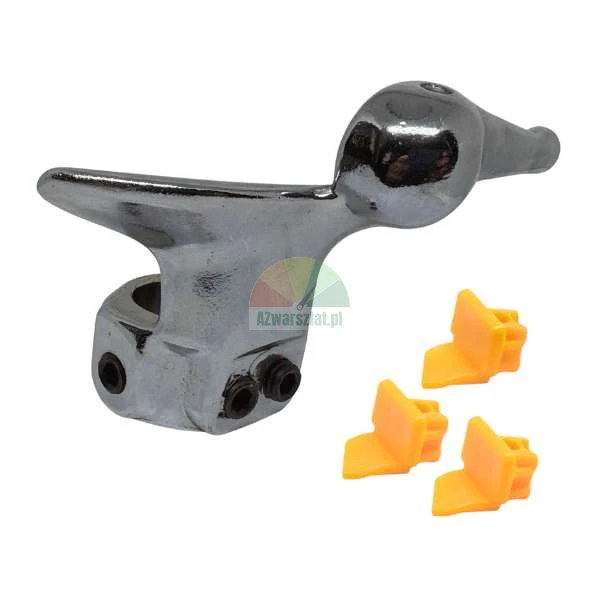 Metal tire changer demount head with three yellow plastic protector inserts.