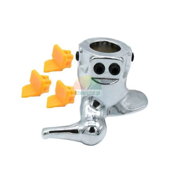 Metal tire changer mount demount head with three orange plastic protective inserts