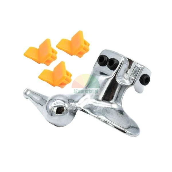 Metal tire changer mount demount head with three orange plastic protective inserts.