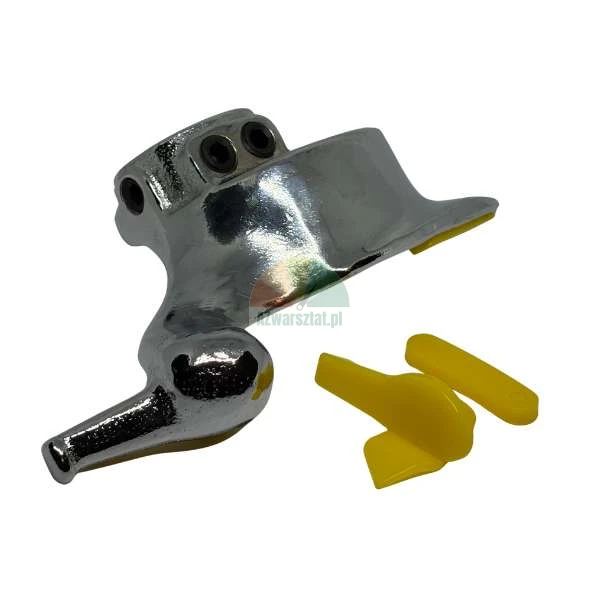 Chrome tire changer mounting head with two yellow plastic protective inserts.