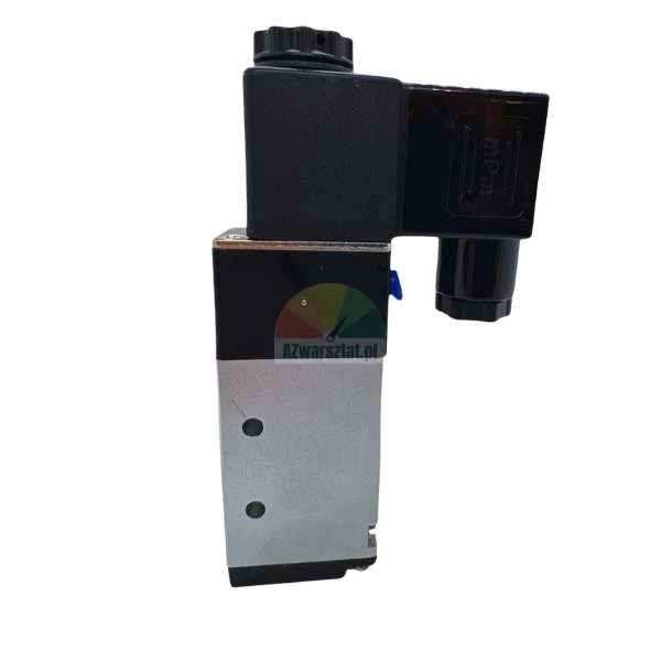 Pneumatic solenoid valve with a black coil and silver aluminum body on a white background.