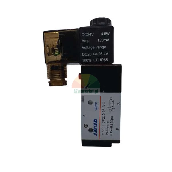 Pneumatic solenoid valve AIGYAD model 3V210-08-NC with 24V DC power supply and black housing showing technical specifications