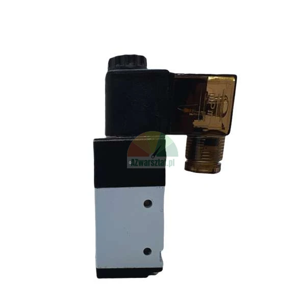 Pneumatic solenoid valve with a black coil and transparent amber connector on a white background