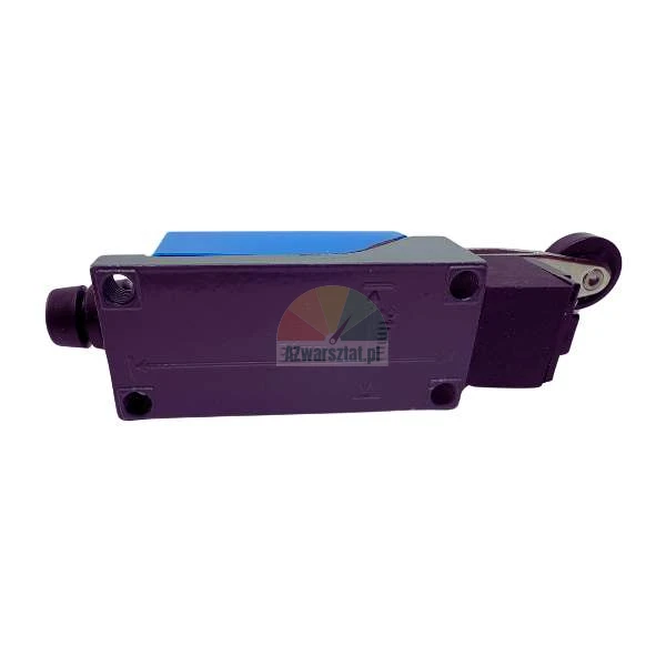 Industrial limit switch with a roller lever on a white background.