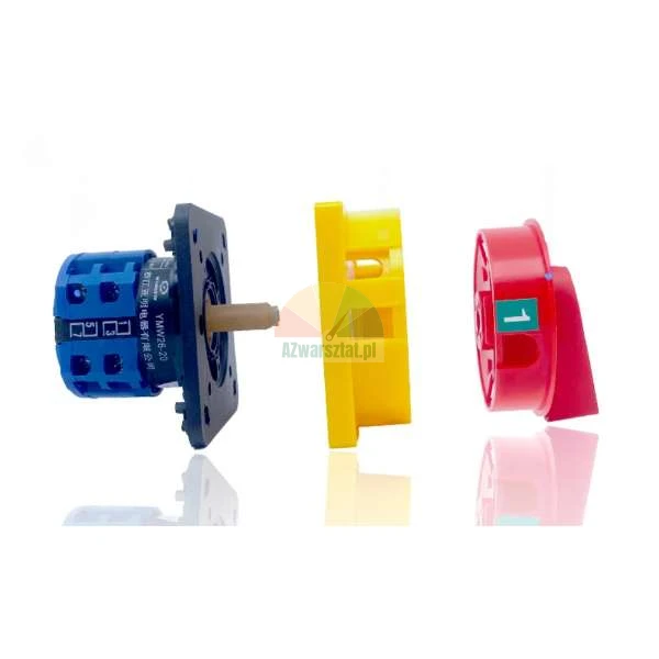 Disassembled industrial rotary switch showing its blue main body, yellow mounting plate, and red control knob.