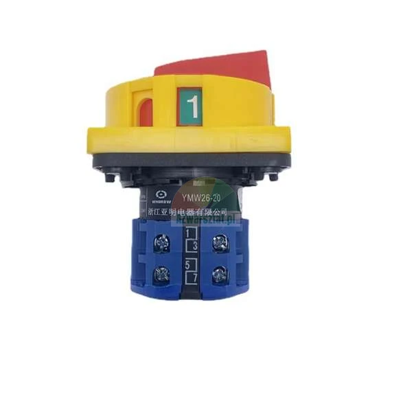 Industrial rotary cam switch YMW26-20 with red handle, yellow body, and blue terminals.