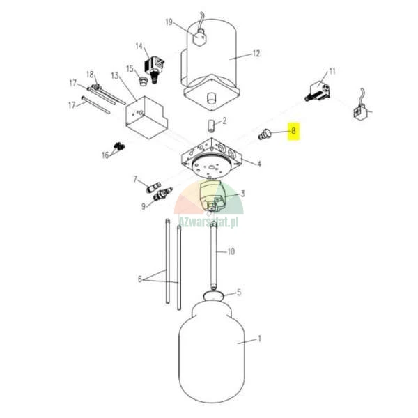 Exploded view diagram of a hydraulic power unit assembly with part number 8 highlighted in yellow.
