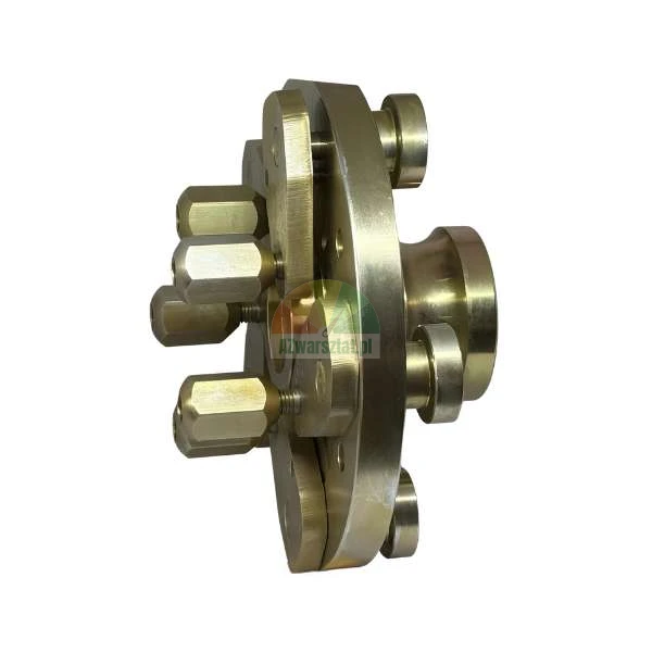 Brass mounting adapter with movable cams and adjustment bolts.